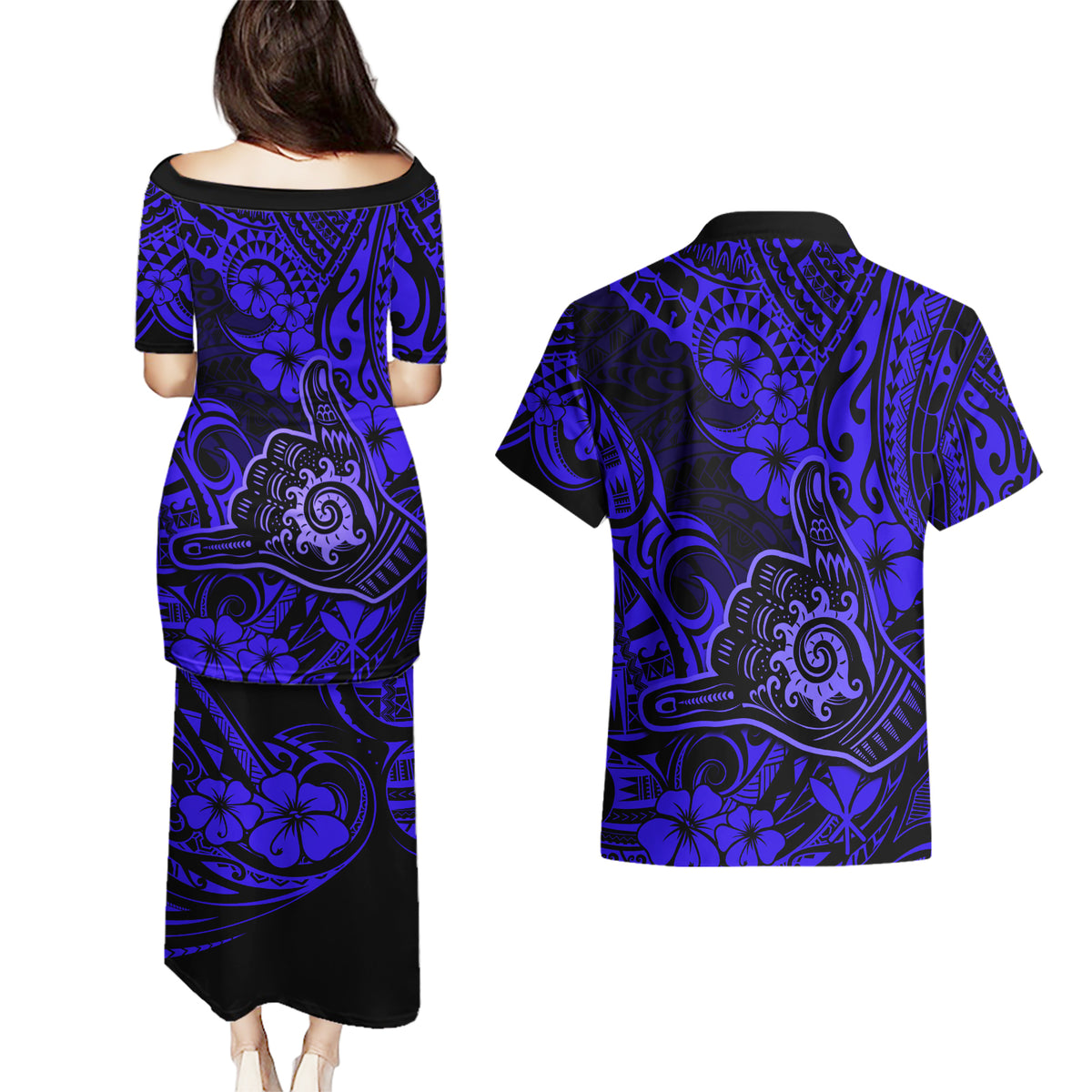 Hawaii Shaka Sign Couples Matching Puletasi Dress and Hawaiian Shirt With Polynesian Hibiscus Navy Blue Unique - Wonder Print Shop
