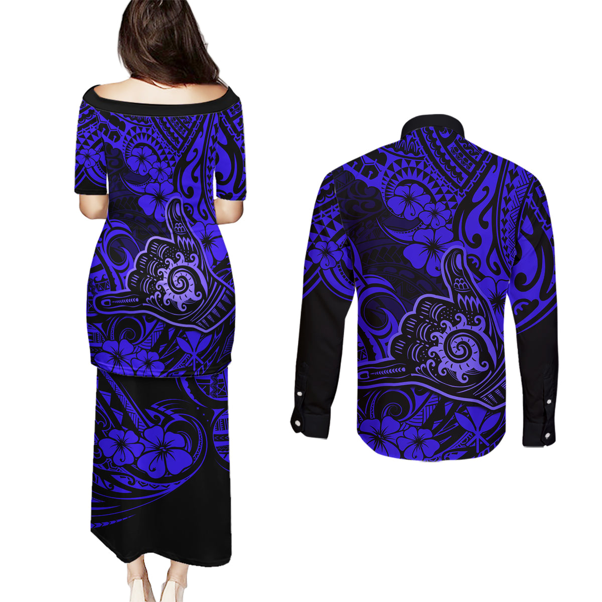 Hawaii Shaka Sign Couples Matching Puletasi Dress and Long Sleeve Button Shirts With Polynesian Hibiscus Navy Blue Unique - Wonder Print Shop