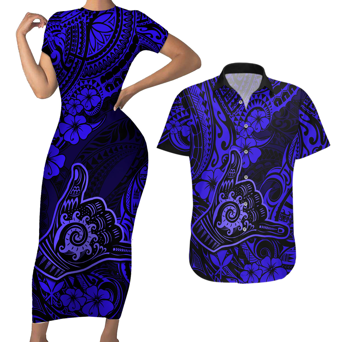 Hawaii Shaka Sign Couples Matching Short Sleeve Bodycon Dress and Hawaiian Shirt With Polynesian Hibiscus Navy Blue Unique - Wonder Print Shop