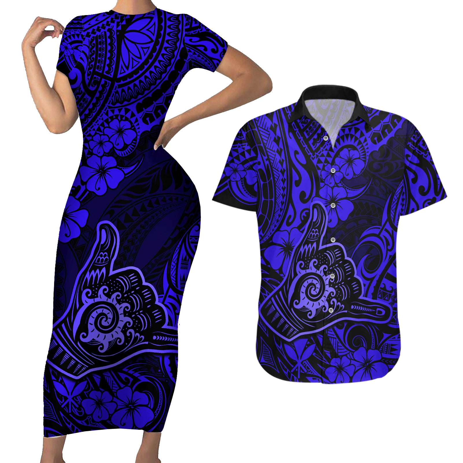 Hawaii Shaka Sign Couples Matching Short Sleeve Bodycon Dress and Hawaiian Shirt With Polynesian Hibiscus Navy Blue Unique - Wonder Print Shop