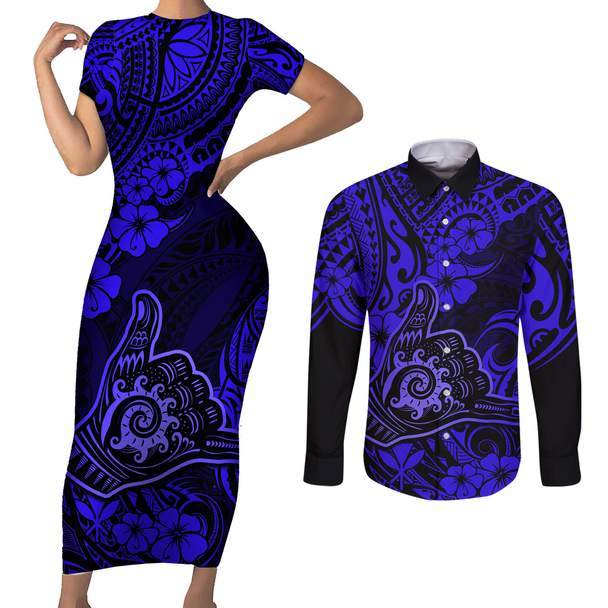 Hawaii Shaka Sign Couples Matching Short Sleeve Bodycon Dress and Long Sleeve Button Shirts With Polynesian Hibiscus Navy Blue Unique - Wonder Print Shop