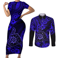 Hawaii Shaka Sign Couples Matching Short Sleeve Bodycon Dress and Long Sleeve Button Shirts With Polynesian Hibiscus Navy Blue Unique - Wonder Print Shop