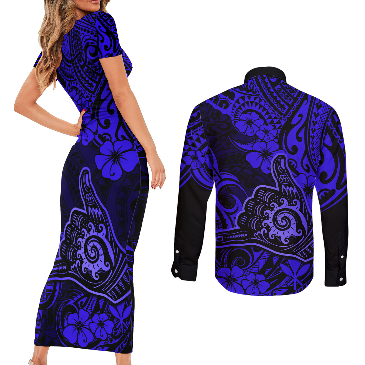 Hawaii Shaka Sign Couples Matching Short Sleeve Bodycon Dress and Long Sleeve Button Shirts With Polynesian Hibiscus Navy Blue Unique - Wonder Print Shop