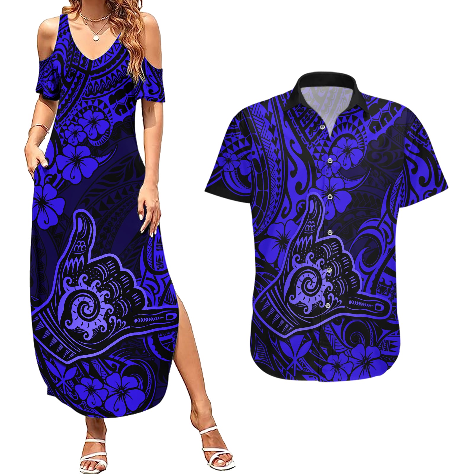 Hawaii Shaka Sign Couples Matching Summer Maxi Dress and Hawaiian Shirt With Polynesian Hibiscus Navy Blue Unique - Wonder Print Shop