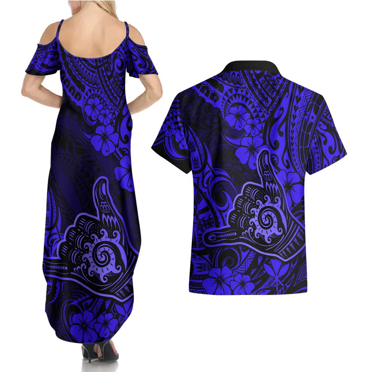 Hawaii Shaka Sign Couples Matching Summer Maxi Dress and Hawaiian Shirt With Polynesian Hibiscus Navy Blue Unique - Wonder Print Shop