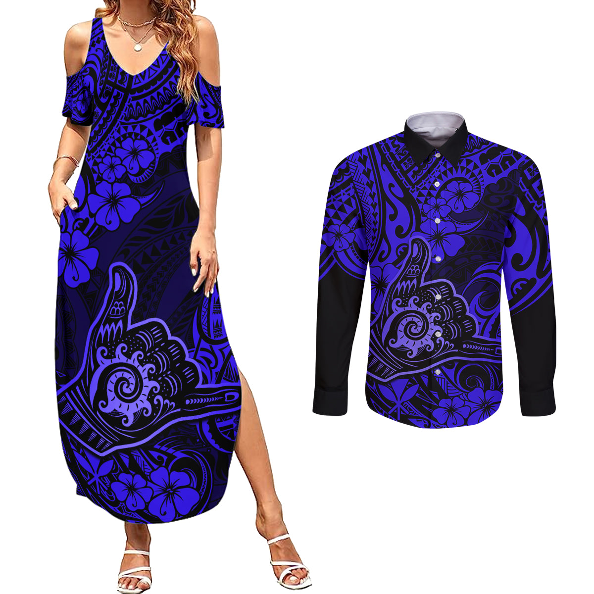 Hawaii Shaka Sign Couples Matching Summer Maxi Dress and Long Sleeve Button Shirts With Polynesian Hibiscus Navy Blue Unique - Wonder Print Shop
