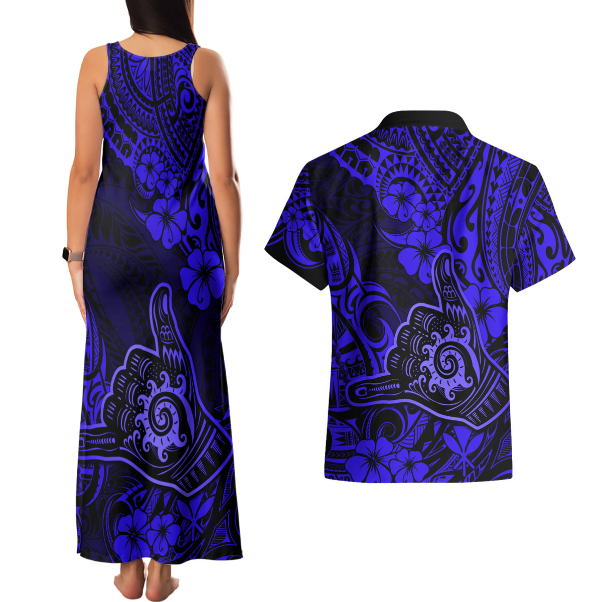 Hawaii Shaka Sign Couples Matching Tank Maxi Dress and Hawaiian Shirt With Polynesian Hibiscus Navy Blue Unique - Wonder Print Shop