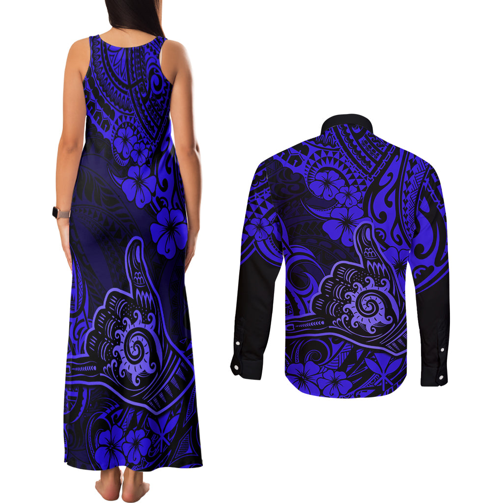 Hawaii Shaka Sign Couples Matching Tank Maxi Dress and Long Sleeve Button Shirts With Polynesian Hibiscus Navy Blue Unique - Wonder Print Shop