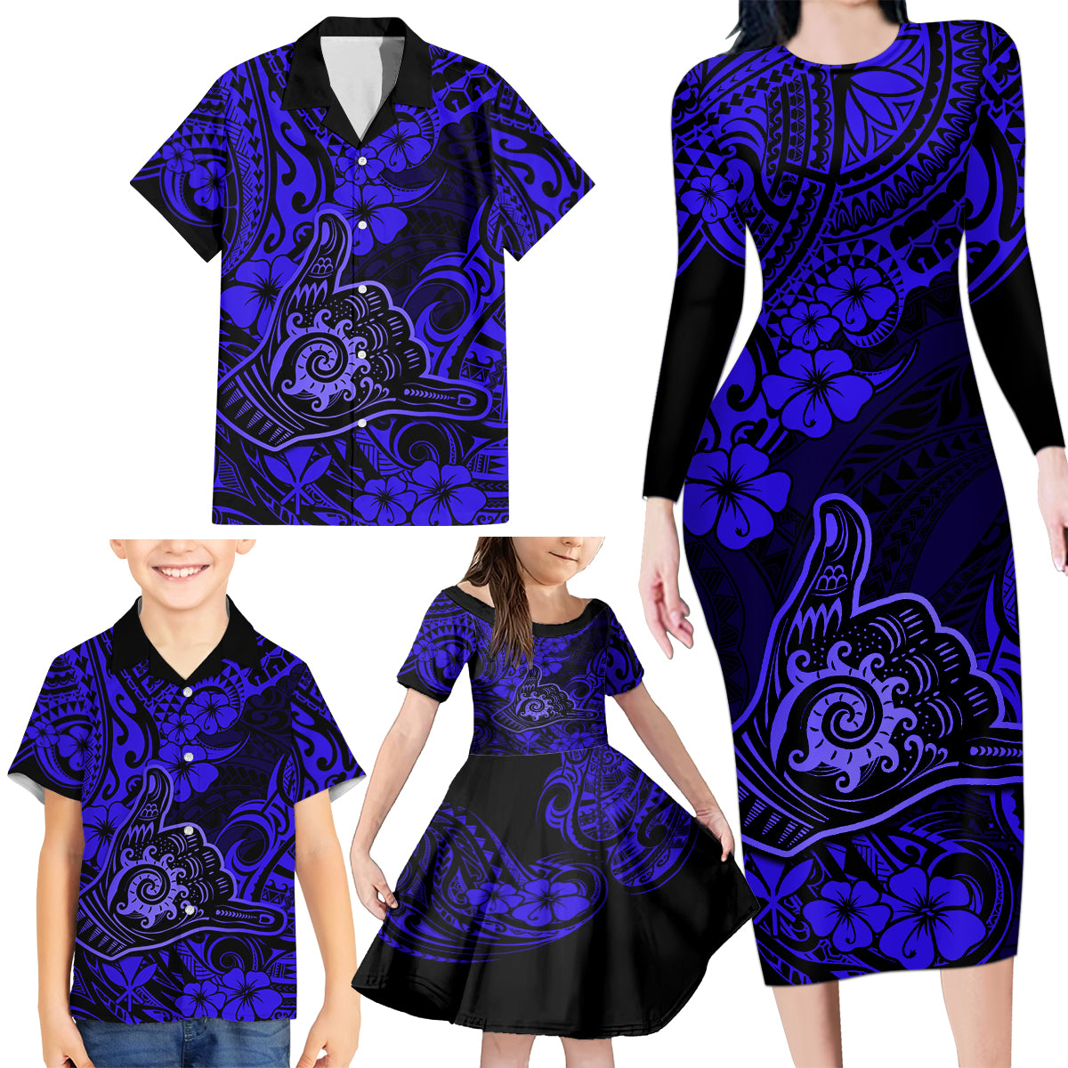 Hawaii Shaka Sign Family Matching Long Sleeve Bodycon Dress and Hawaiian Shirt With Polynesian Hibiscus Navy Blue Unique - Wonder Print Shop