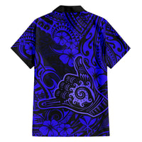 Hawaii Shaka Sign Family Matching Long Sleeve Bodycon Dress and Hawaiian Shirt With Polynesian Hibiscus Navy Blue Unique - Wonder Print Shop