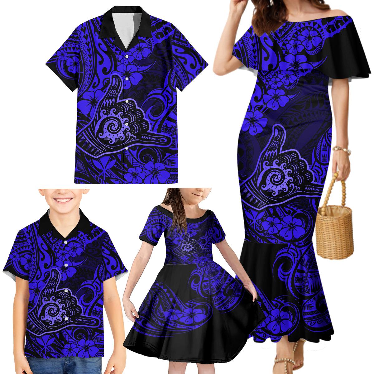 Hawaii Shaka Sign Family Matching Mermaid Dress and Hawaiian Shirt With Polynesian Hibiscus Navy Blue Unique - Wonder Print Shop