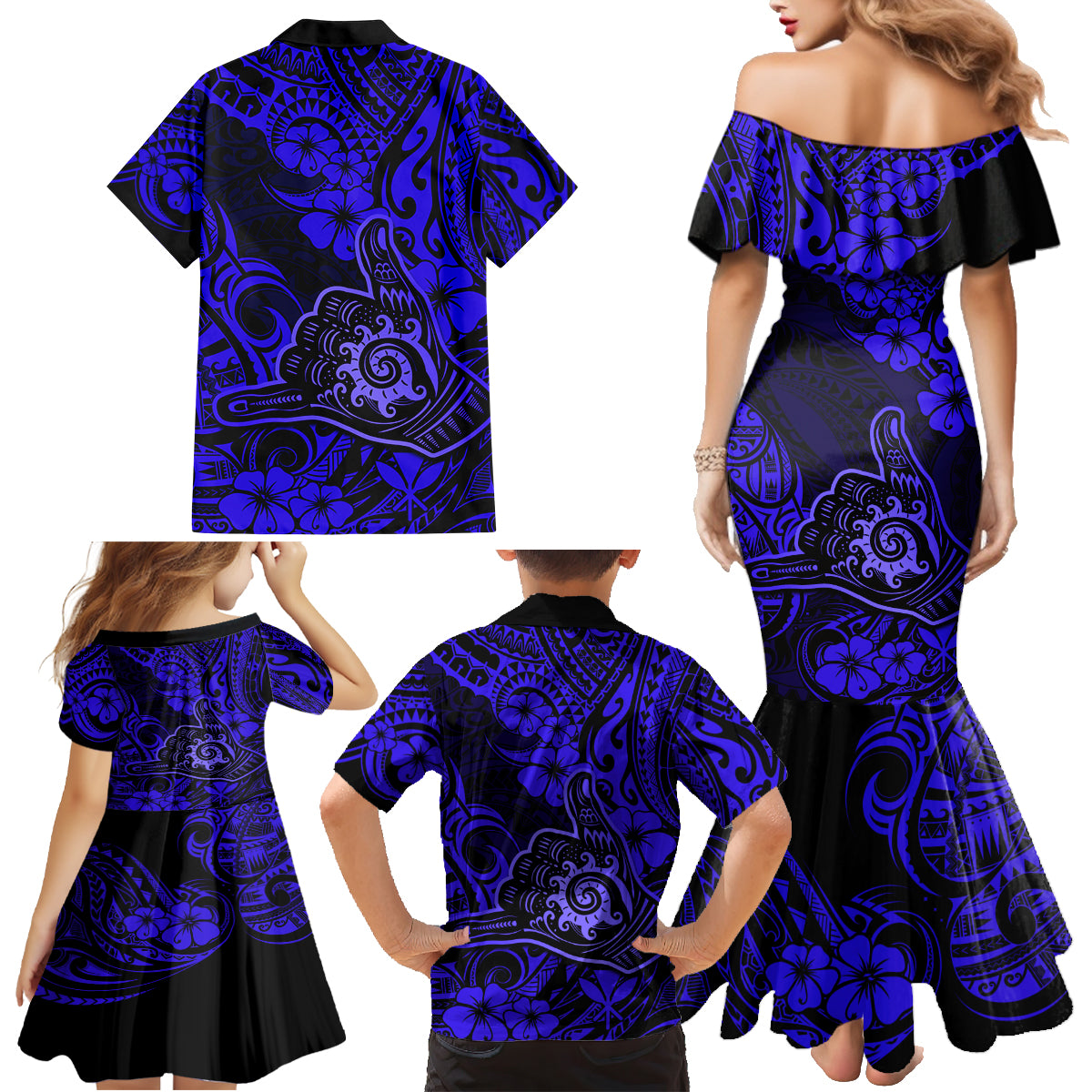 Hawaii Shaka Sign Family Matching Mermaid Dress and Hawaiian Shirt With Polynesian Hibiscus Navy Blue Unique - Wonder Print Shop