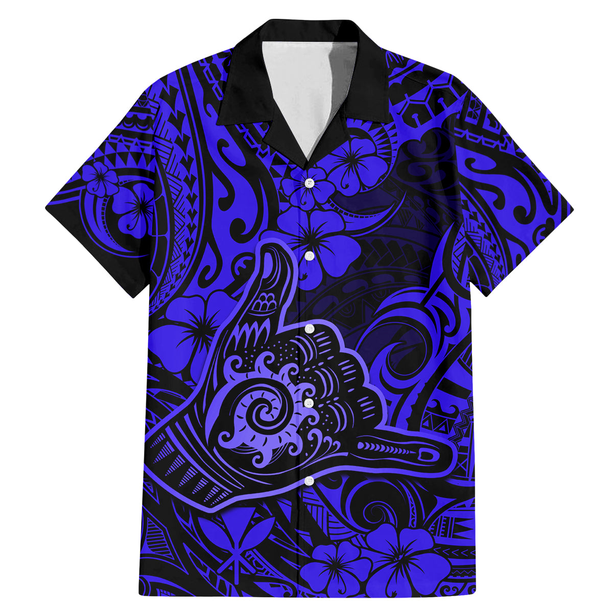 Hawaii Shaka Sign Family Matching Mermaid Dress and Hawaiian Shirt With Polynesian Hibiscus Navy Blue Unique - Wonder Print Shop
