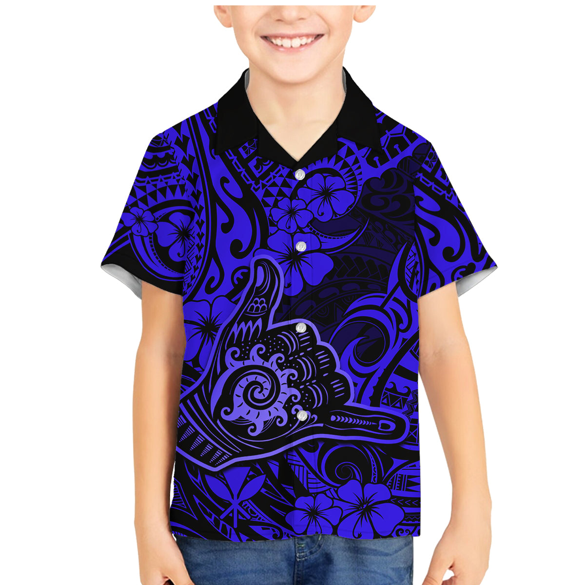Hawaii Shaka Sign Family Matching Mermaid Dress and Hawaiian Shirt With Polynesian Hibiscus Navy Blue Unique - Wonder Print Shop