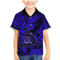 Hawaii Shaka Sign Family Matching Mermaid Dress and Hawaiian Shirt With Polynesian Hibiscus Navy Blue Unique - Wonder Print Shop