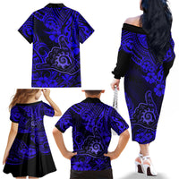 Hawaii Shaka Sign Family Matching Off Shoulder Long Sleeve Dress and Hawaiian Shirt With Polynesian Hibiscus Navy Blue Unique - Wonder Print Shop