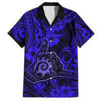 Hawaii Shaka Sign Family Matching Off Shoulder Long Sleeve Dress and Hawaiian Shirt With Polynesian Hibiscus Navy Blue Unique - Wonder Print Shop