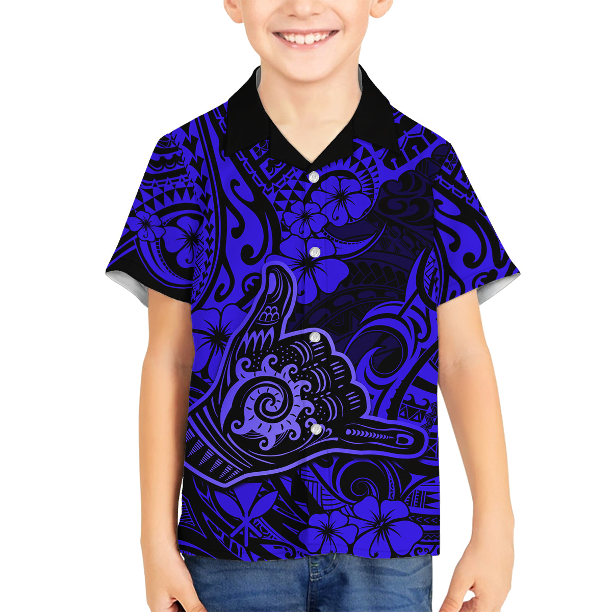 Hawaii Shaka Sign Family Matching Off Shoulder Long Sleeve Dress and Hawaiian Shirt With Polynesian Hibiscus Navy Blue Unique - Wonder Print Shop