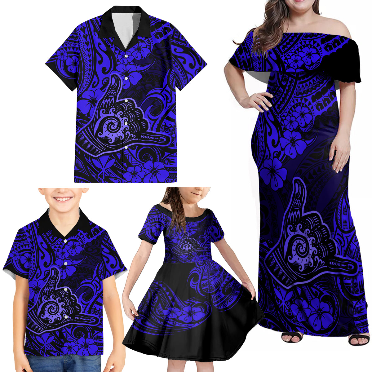 Hawaii Shaka Sign Family Matching Off Shoulder Maxi Dress and Hawaiian Shirt With Polynesian Hibiscus Navy Blue Unique - Wonder Print Shop