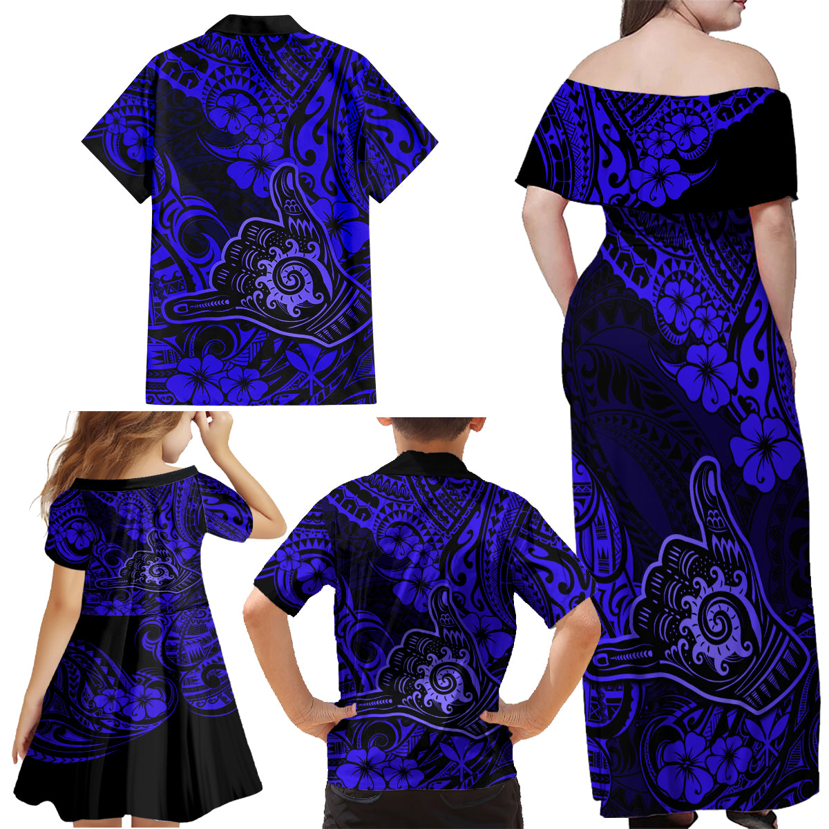 Hawaii Shaka Sign Family Matching Off Shoulder Maxi Dress and Hawaiian Shirt With Polynesian Hibiscus Navy Blue Unique - Wonder Print Shop