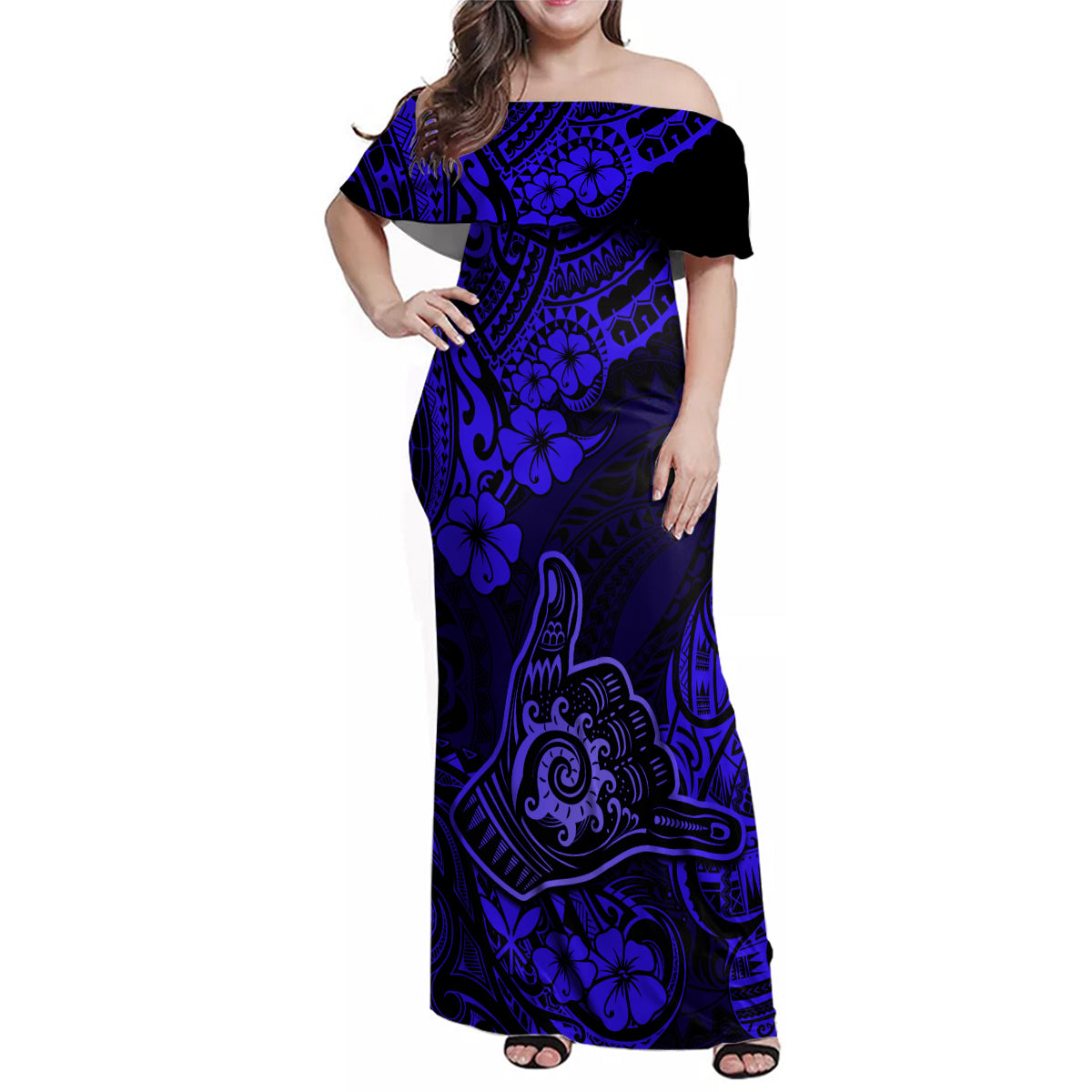 Hawaii Shaka Sign Family Matching Off Shoulder Maxi Dress and Hawaiian Shirt With Polynesian Hibiscus Navy Blue Unique - Wonder Print Shop