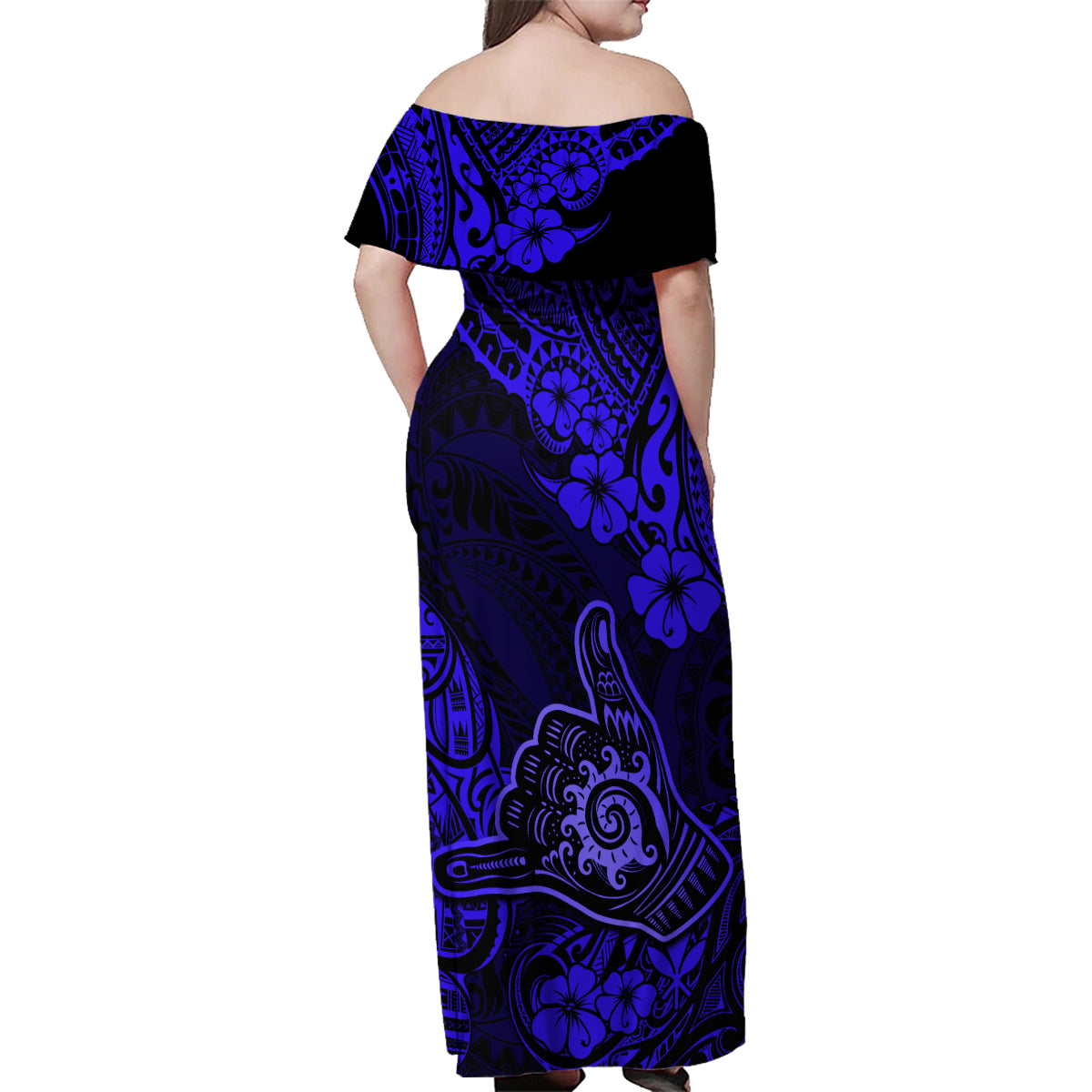 Hawaii Shaka Sign Family Matching Off Shoulder Maxi Dress and Hawaiian Shirt With Polynesian Hibiscus Navy Blue Unique - Wonder Print Shop