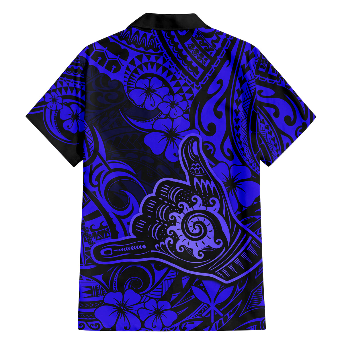 Hawaii Shaka Sign Family Matching Off Shoulder Short Dress and Hawaiian Shirt With Polynesian Hibiscus Navy Blue Unique - Wonder Print Shop