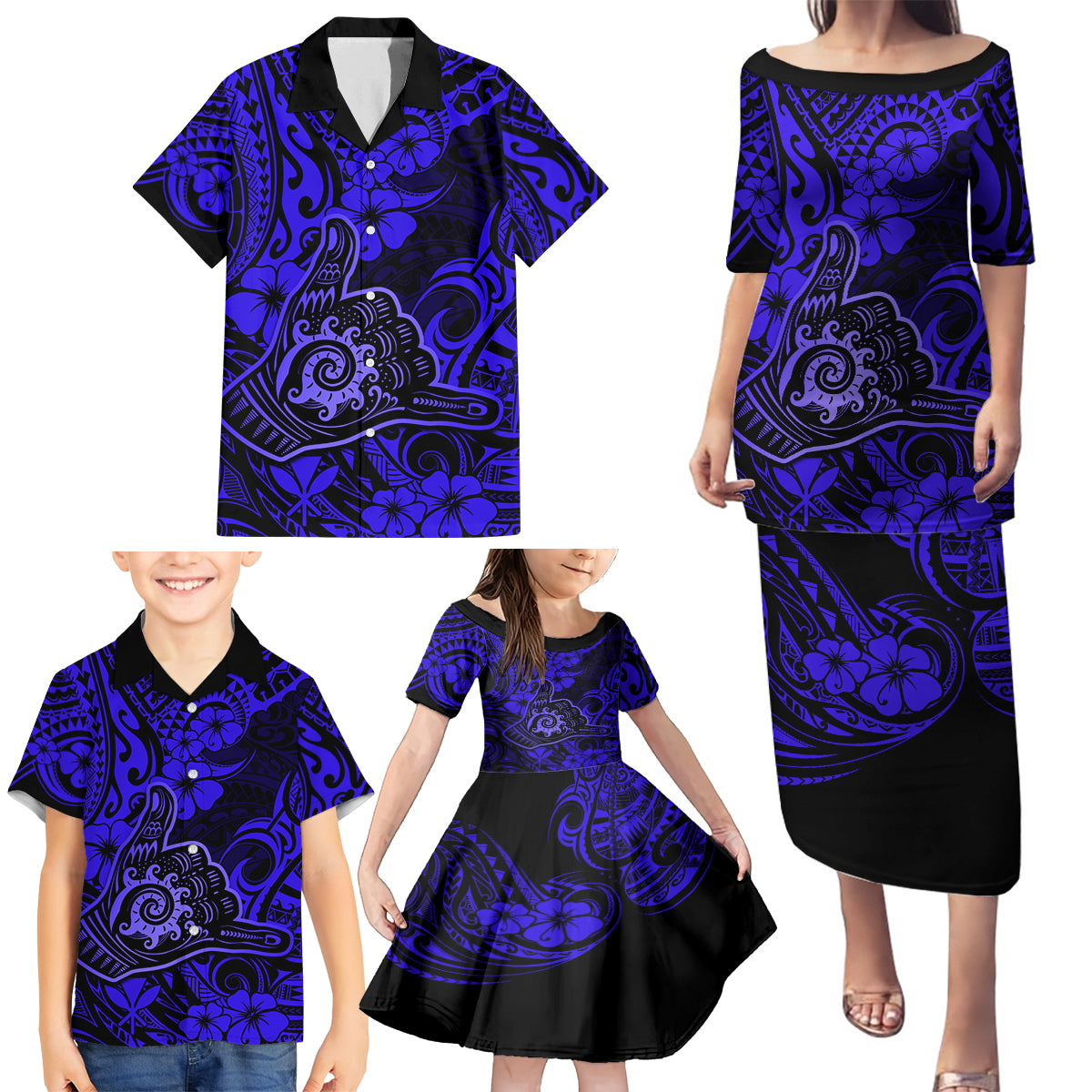 Hawaii Shaka Sign Family Matching Puletasi Dress and Hawaiian Shirt With Polynesian Hibiscus Navy Blue Unique - Wonder Print Shop