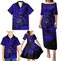 Hawaii Shaka Sign Family Matching Puletasi Dress and Hawaiian Shirt With Polynesian Hibiscus Navy Blue Unique - Wonder Print Shop