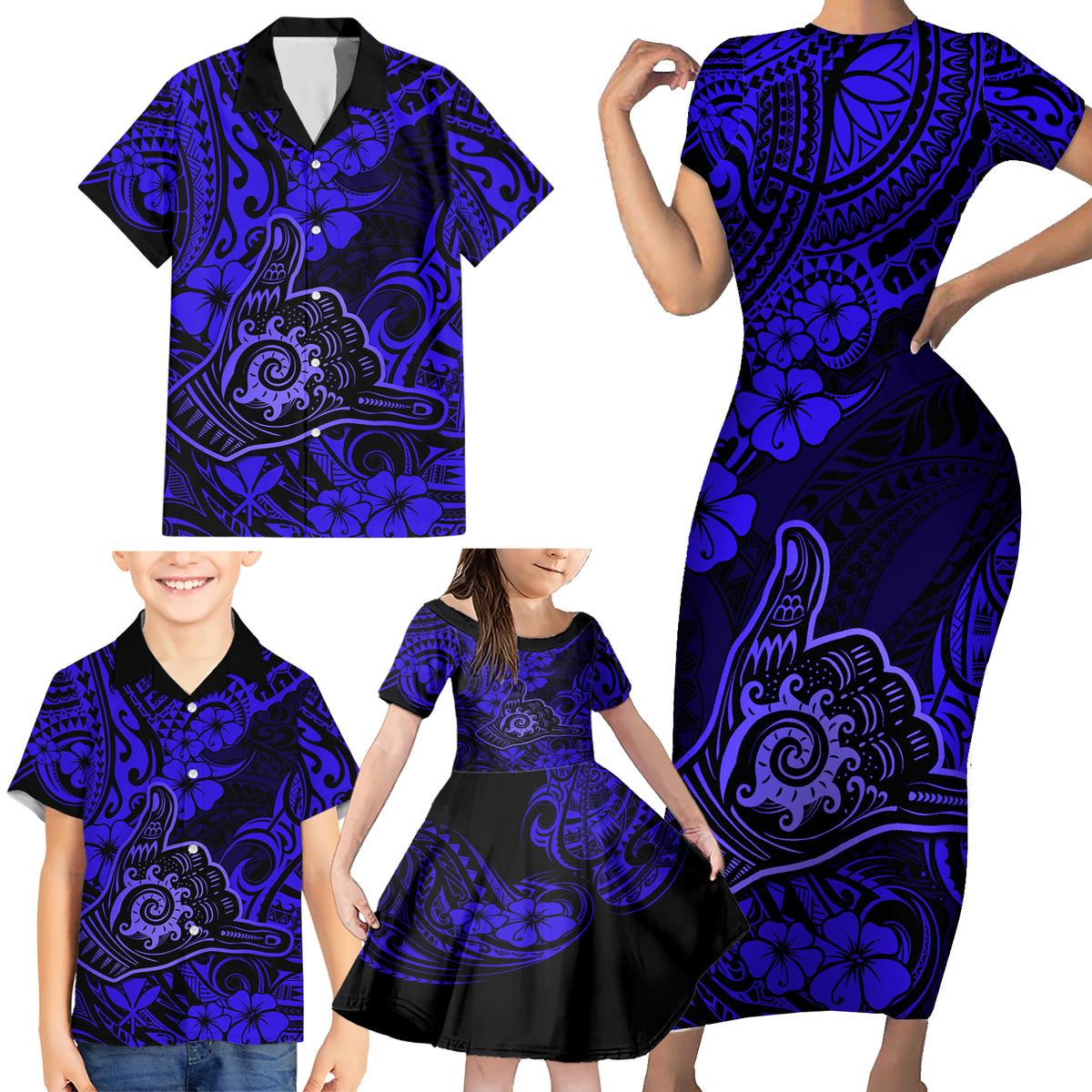 Hawaii Shaka Sign Family Matching Short Sleeve Bodycon Dress and Hawaiian Shirt With Polynesian Hibiscus Navy Blue Unique - Wonder Print Shop