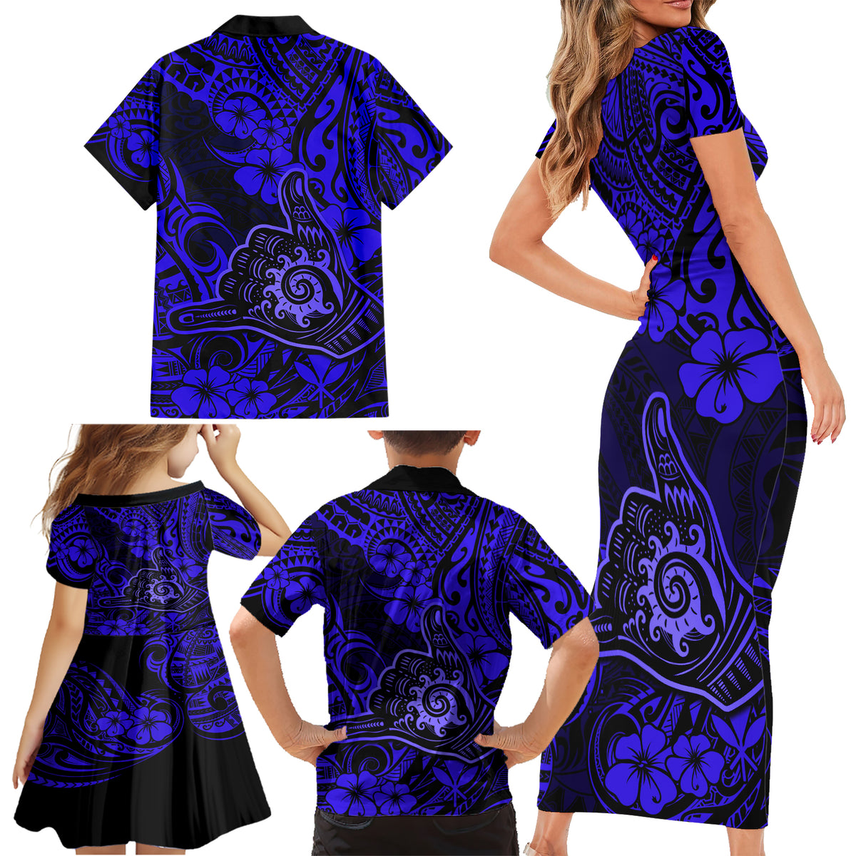 Hawaii Shaka Sign Family Matching Short Sleeve Bodycon Dress and Hawaiian Shirt With Polynesian Hibiscus Navy Blue Unique - Wonder Print Shop