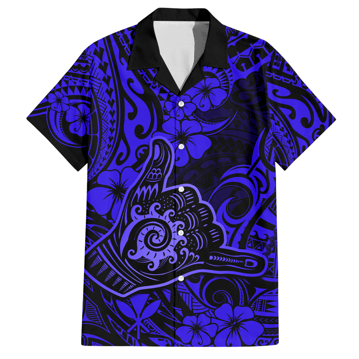 Hawaii Shaka Sign Family Matching Short Sleeve Bodycon Dress and Hawaiian Shirt With Polynesian Hibiscus Navy Blue Unique - Wonder Print Shop