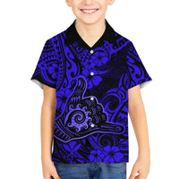 Hawaii Shaka Sign Family Matching Short Sleeve Bodycon Dress and Hawaiian Shirt With Polynesian Hibiscus Navy Blue Unique - Wonder Print Shop