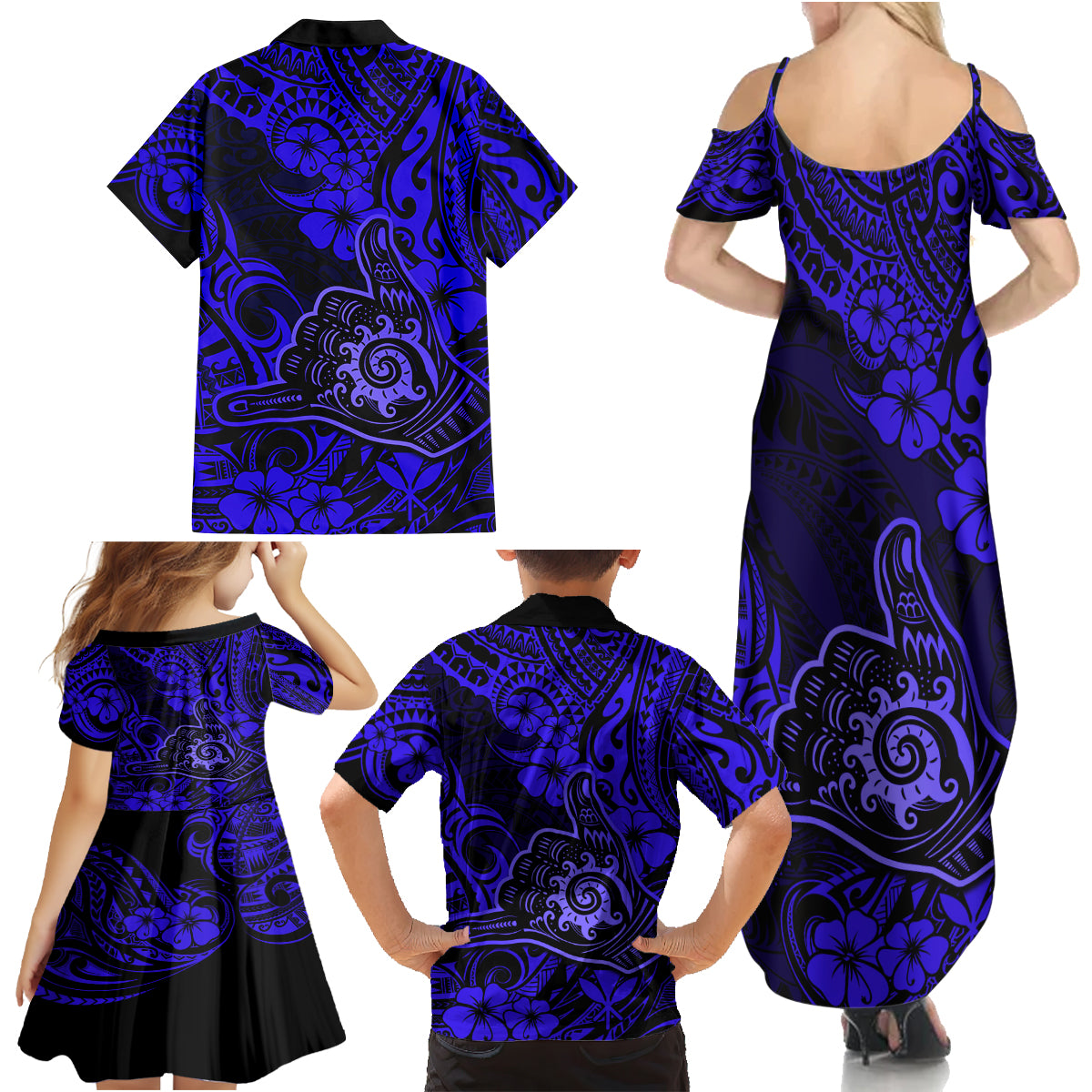 Hawaii Shaka Sign Family Matching Summer Maxi Dress and Hawaiian Shirt With Polynesian Hibiscus Navy Blue Unique - Wonder Print Shop