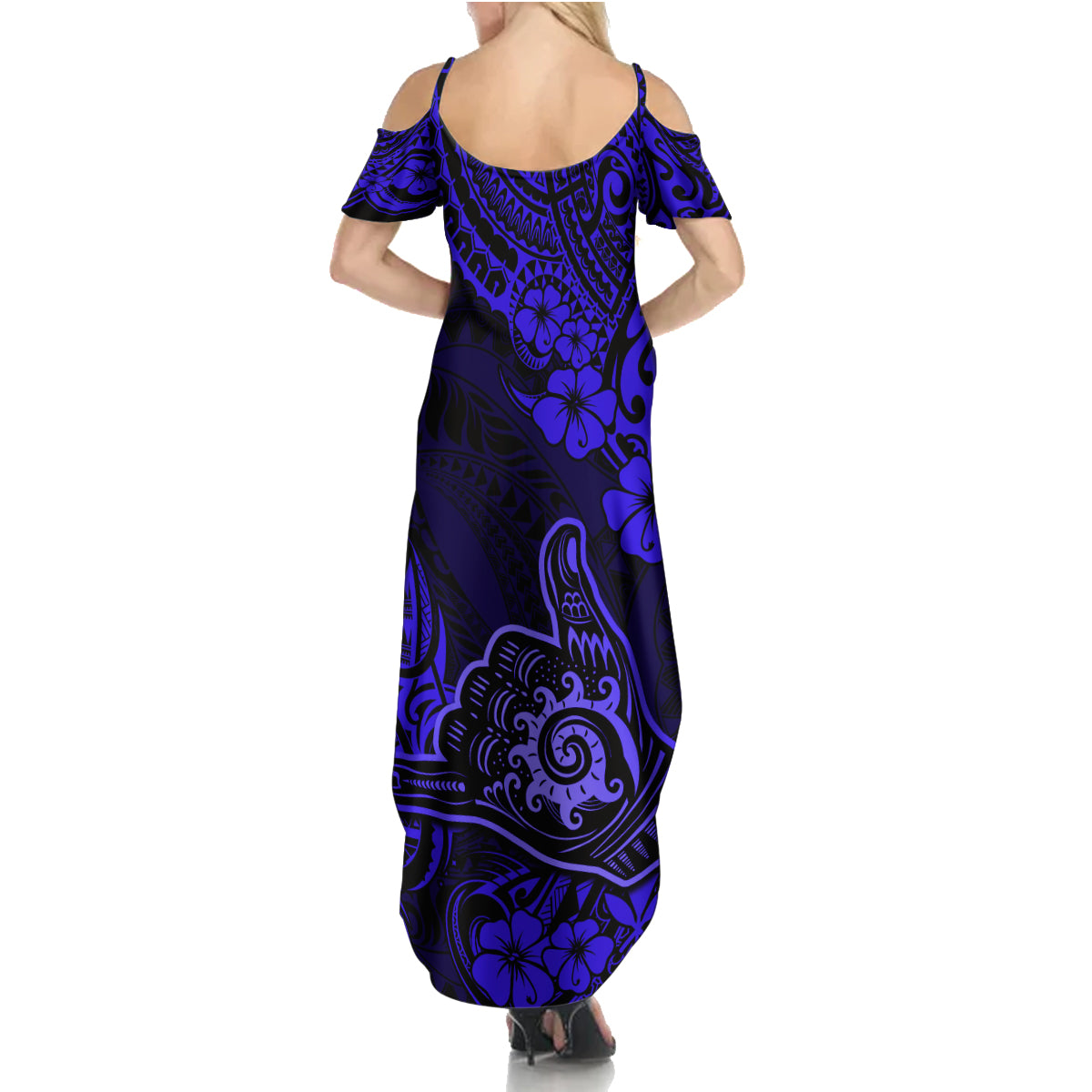 Hawaii Shaka Sign Family Matching Summer Maxi Dress and Hawaiian Shirt With Polynesian Hibiscus Navy Blue Unique - Wonder Print Shop