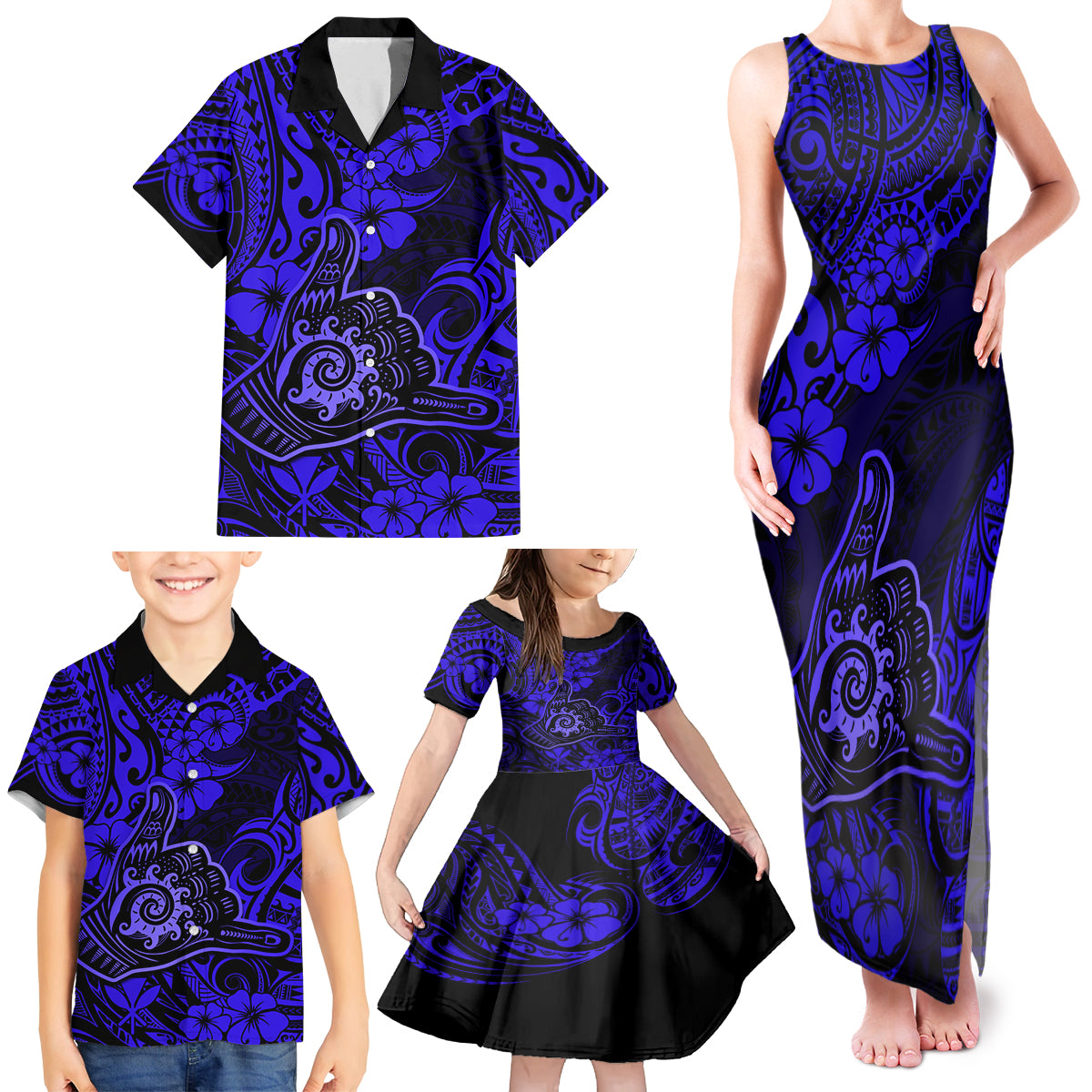 Hawaii Shaka Sign Family Matching Tank Maxi Dress and Hawaiian Shirt With Polynesian Hibiscus Navy Blue Unique - Wonder Print Shop