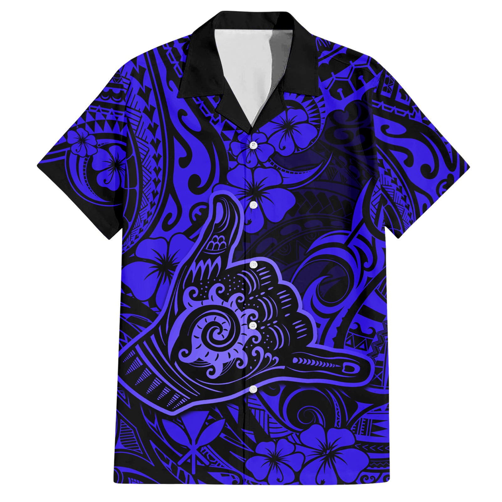 Hawaii Shaka Sign Hawaiian Shirt With Polynesian Hibiscus Navy Blue Unique - Wonder Print Shop