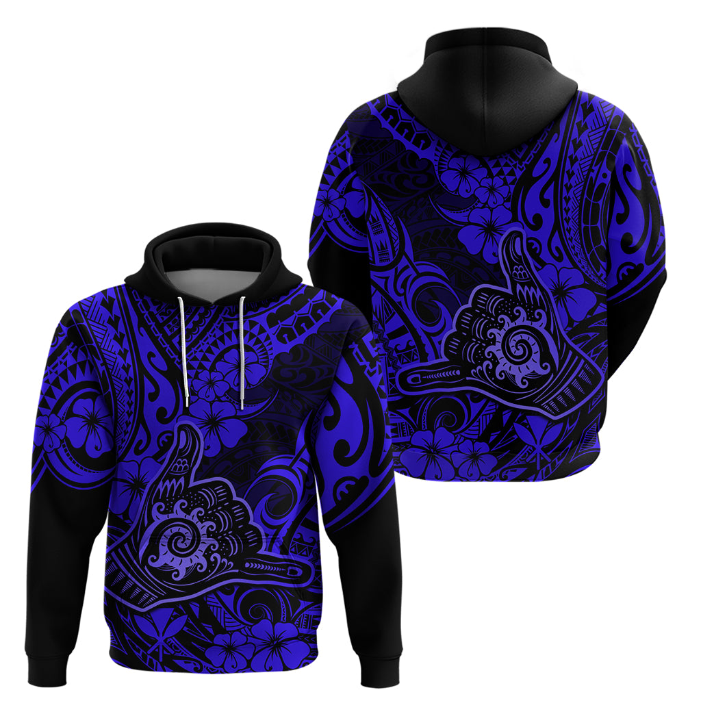 Hawaii Shaka Sign Hoodie With Polynesian Hibiscus Navy Blue Unique - Wonder Print Shop