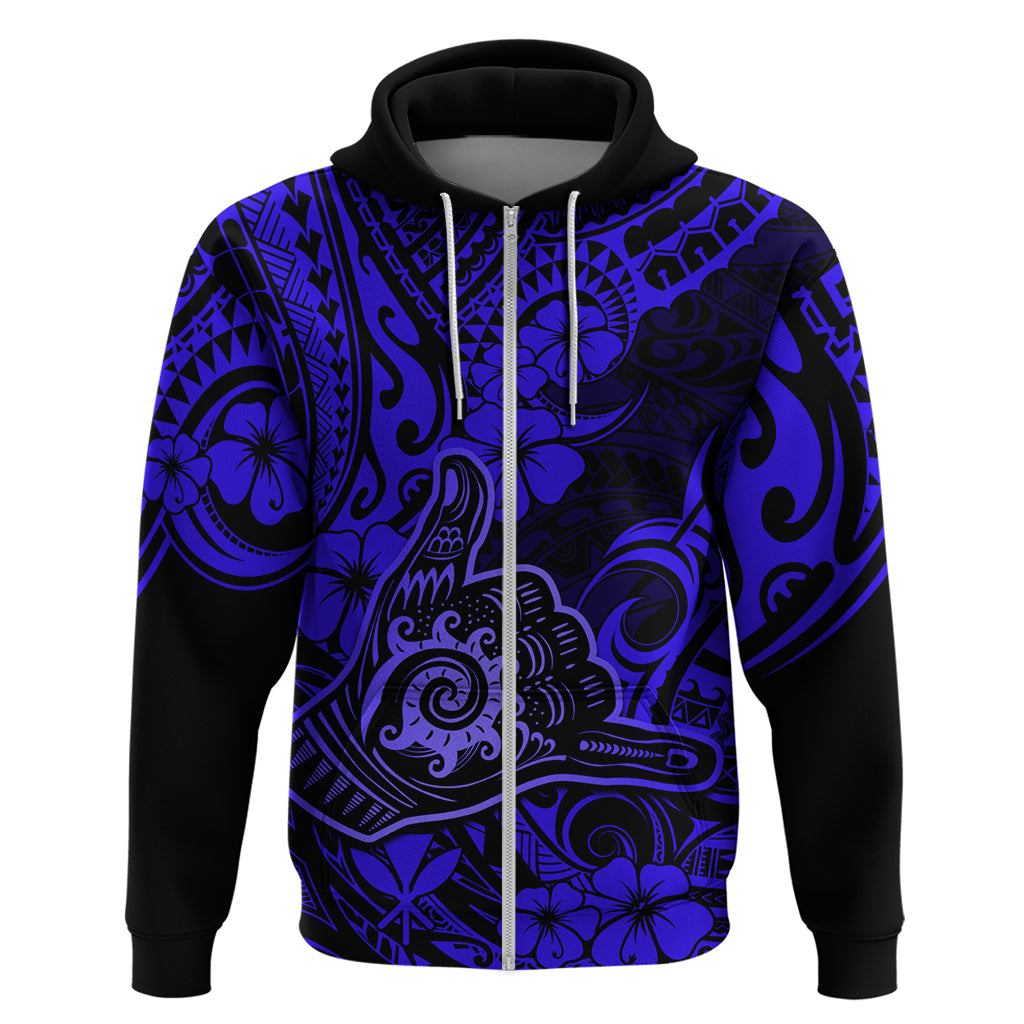 Hawaii Shaka Sign Hoodie With Polynesian Hibiscus Navy Blue Unique - Wonder Print Shop