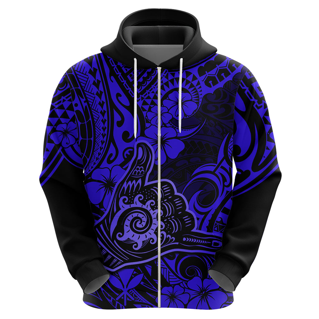 Hawaii Shaka Sign Hoodie With Polynesian Hibiscus Navy Blue Unique - Wonder Print Shop