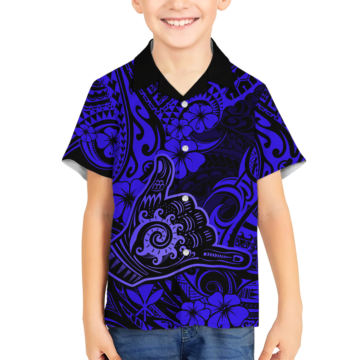 Hawaii Shaka Sign Kid Hawaiian Shirt With Polynesian Hibiscus Navy Blue Unique - Wonder Print Shop