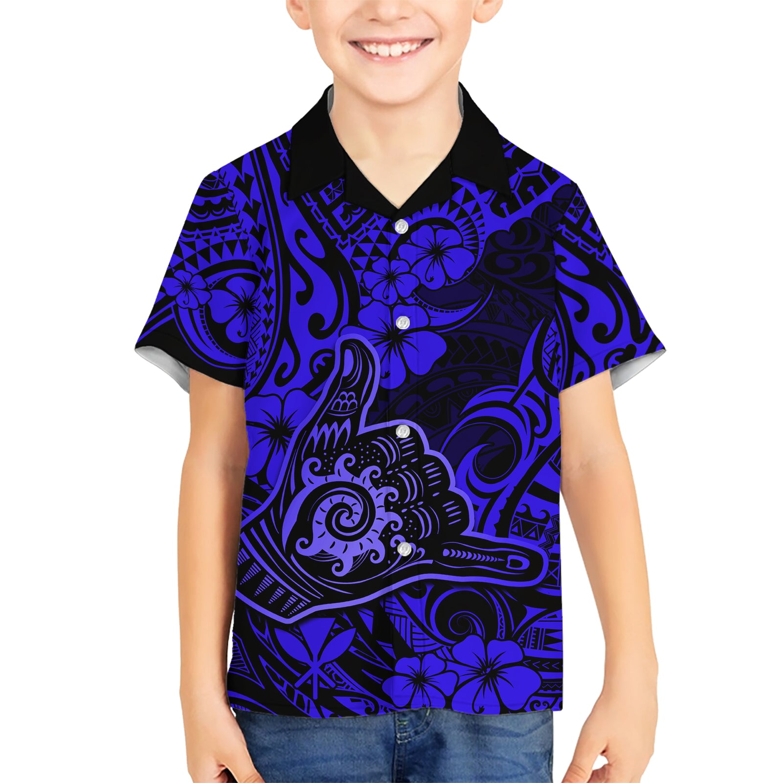 Hawaii Shaka Sign Kid Hawaiian Shirt With Polynesian Hibiscus Navy Blue Unique - Wonder Print Shop
