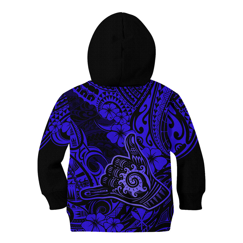 Hawaii Shaka Sign Kid Hoodie With Polynesian Hibiscus Navy Blue Unique - Wonder Print Shop