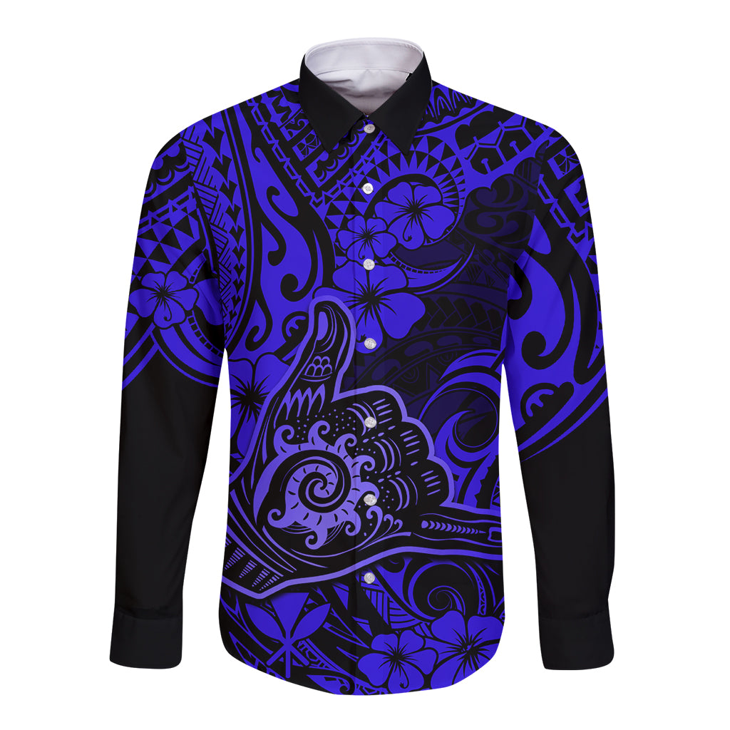 Hawaii Shaka Sign Long Sleeve Button Shirt With Polynesian Hibiscus Navy Blue Unique - Wonder Print Shop