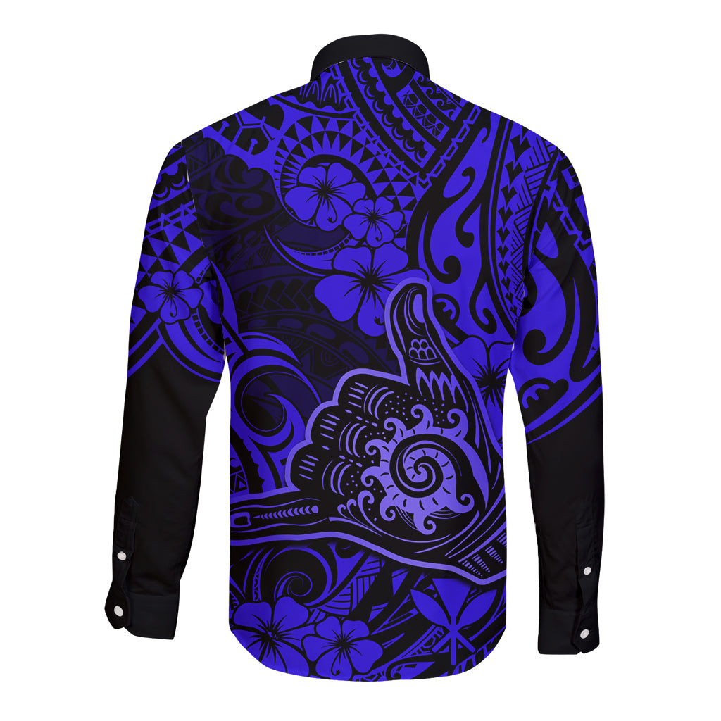 Hawaii Shaka Sign Long Sleeve Button Shirt With Polynesian Hibiscus Navy Blue Unique - Wonder Print Shop