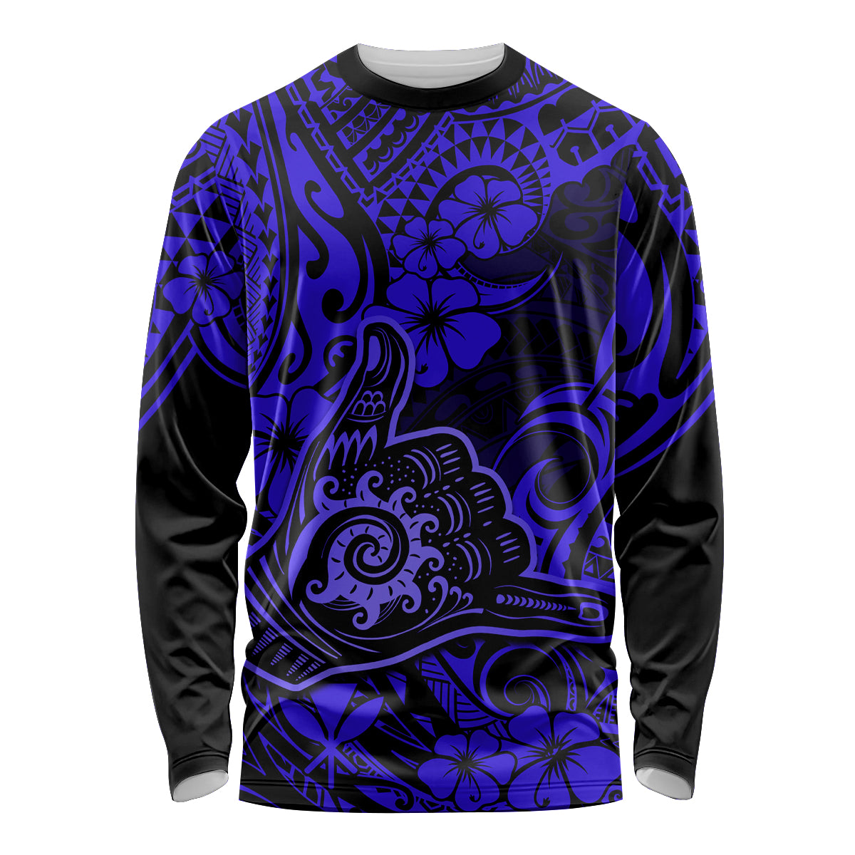 Hawaii Shaka Sign Long Sleeve Shirt With Polynesian Hibiscus Navy Blue Unique - Wonder Print Shop
