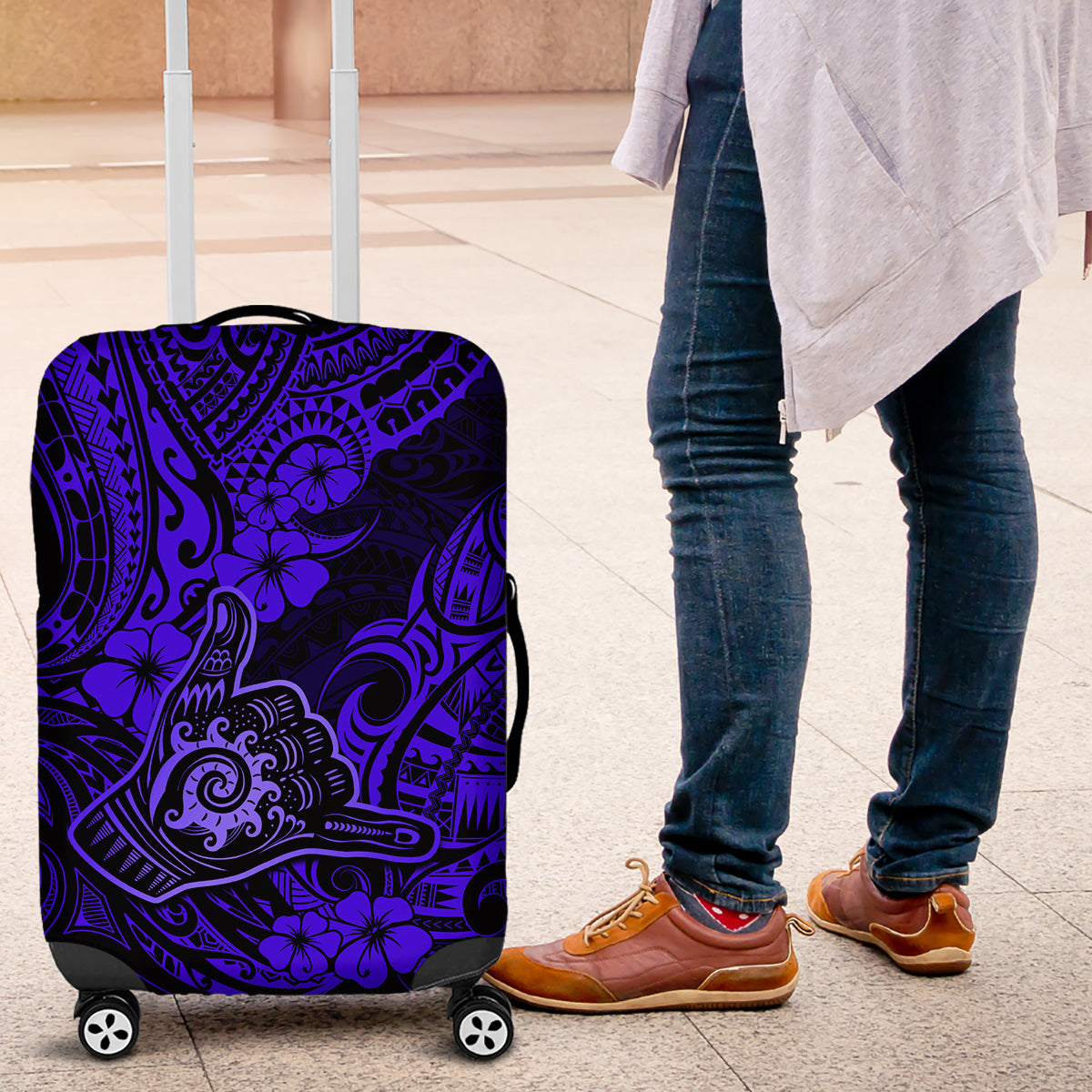 Hawaii Shaka Sign Luggage Cover With Polynesian Hibiscus Navy Blue Unique - Wonder Print Shop