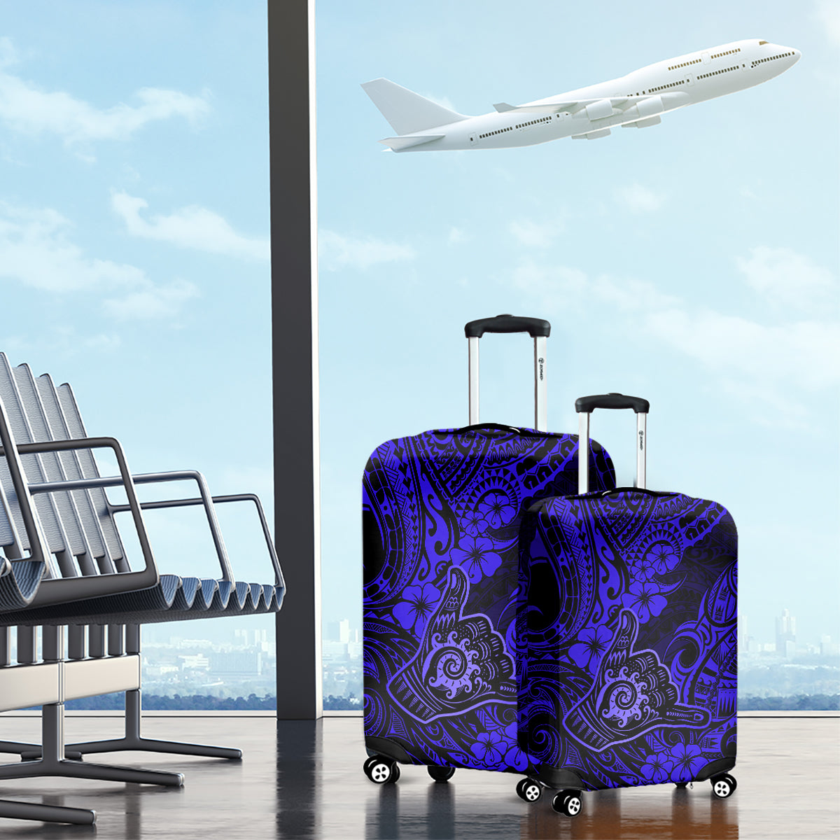Hawaii Shaka Sign Luggage Cover With Polynesian Hibiscus Navy Blue Unique - Wonder Print Shop