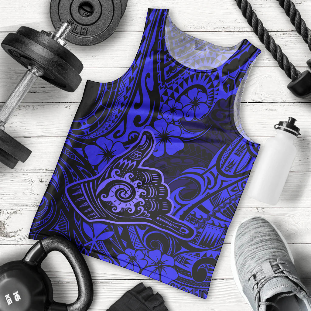 Hawaii Shaka Sign Men Tank Top With Polynesian Hibiscus Navy Blue Unique - Wonder Print Shop