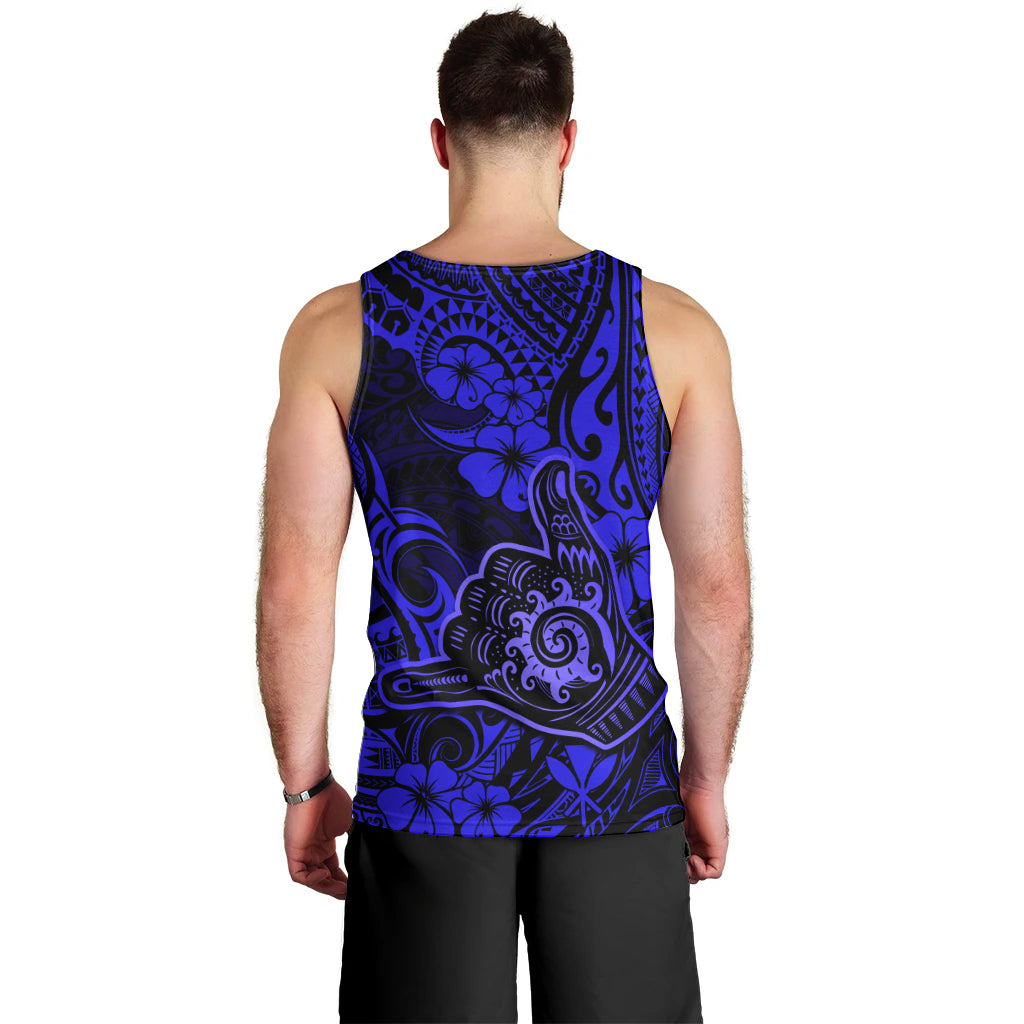 Hawaii Shaka Sign Men Tank Top With Polynesian Hibiscus Navy Blue Unique - Wonder Print Shop